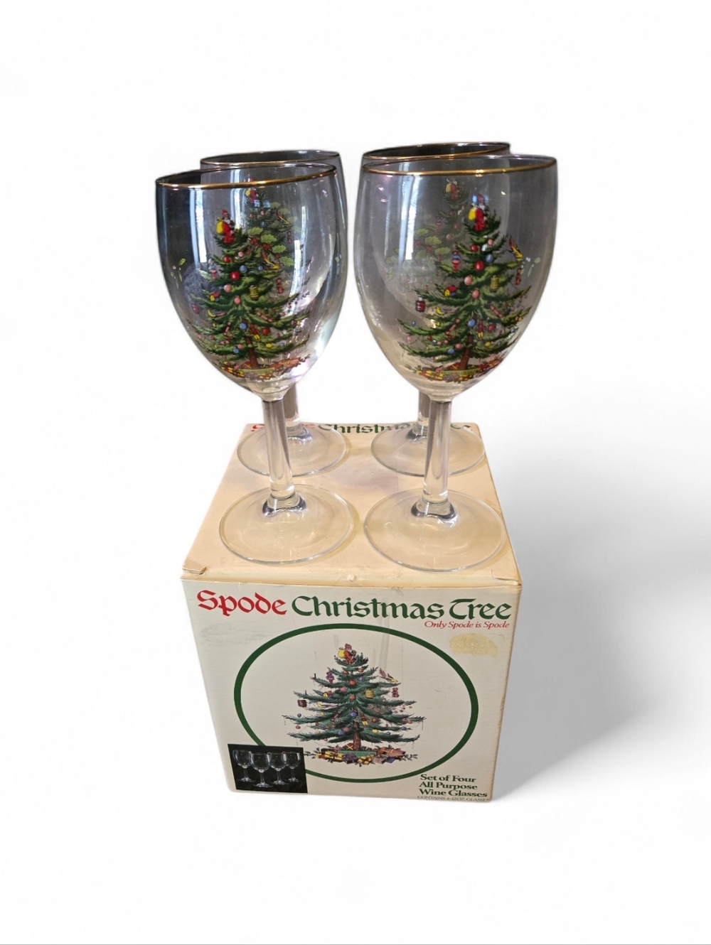 Set 4 Spode Christmas Tree All Purpose Wine Glasses Gold Rim Bold Colors